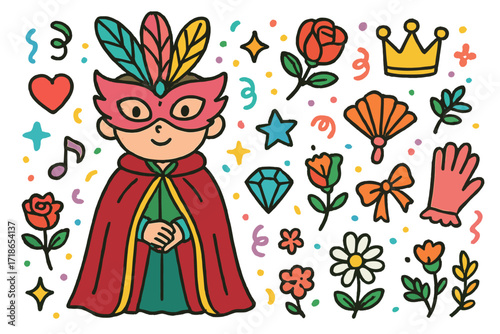 Whimsical Costume Icons. Colorful Hand-drawn doodle Children illustration Elegant costume design feather mask, velvet cloak, heart