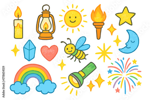 Colorful Light Doodle Icons. Light. Colorful Hand-drawn doodle Children illustration candle, lantern, light bulb, torch, sun, moon