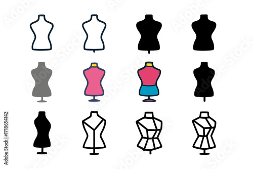Colorful Mannequin Logo Grid. Set Logo of Body Shape: Stylized mannequin body. Logo set in vector style, emblematic variations. line, bold thick line, solid