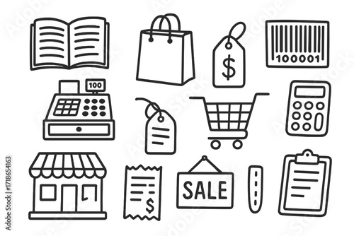 Retail Doodle Icons. Retail. Hand-drawn doodle illustration catalog, shopping bag, barcode, cash register, price tag, receipt, store building, cart,