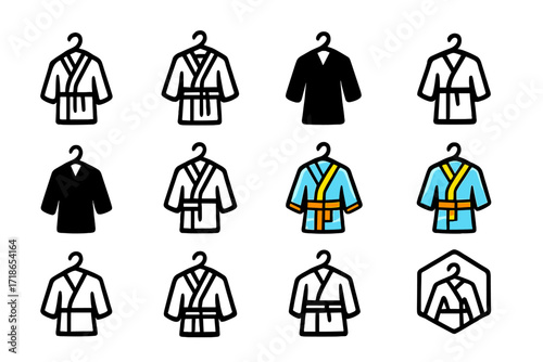 Spa Robe Logos. Set Logo of Spa Robes: Spa robe hanging on wall hook. Logo set in vector style, emblematic variations. line, bold thick line, solid black