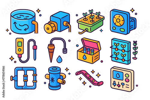 Hydroponic System Icons. Colorful isometric vector icons set of hydroponic irrigation systems: water circulation tank, nutrient