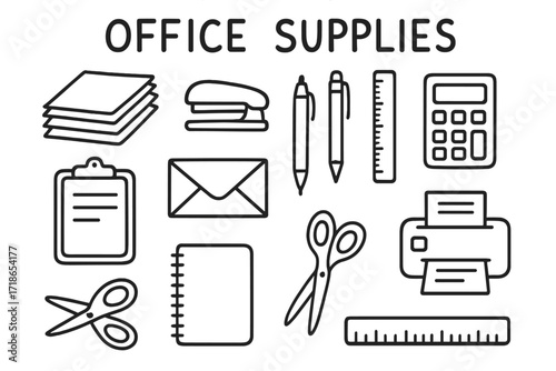 Office Supplies Sketch. Office Supplies. Hand-drawn doodle illustration catalog, paper stack, stapler, pen, pencil, ruler, calculator, clipboard, envelope,