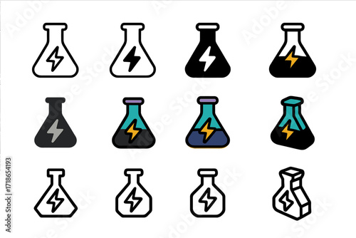 Flask Energy Logos. Set Logo of Flasks: Flask with glowing energy symbol. Logo set in vector style, emblematic variations. line, bold thick line, solid black