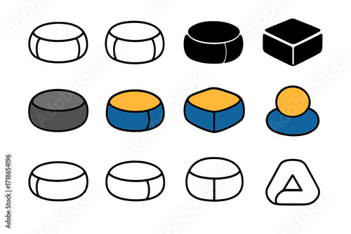 Meditation Logo Variations. Set Logo of Mindfulness practices and meditation retreats: Meditation cushion. Logo set in vector style, emblematic variations.