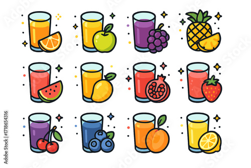 Colorful Juice Icons. Colorful isometric vector icons set of fruit juices: orange juice, apple juice, grape juice, pineapple juice, watermelon juice, mango