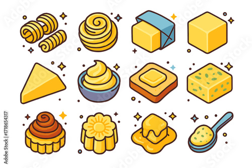 Isometric Butter Icons. Colorful isometric vector icons set of lemonade picnic essentials: picnic blanket, wicker basket,