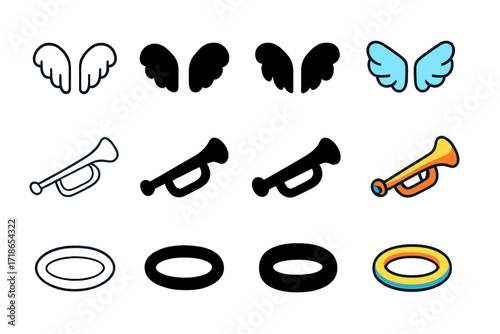 Angelic Symbols Icons. Icon Set of Angelic Symbols: Angel wings, Trumpet, Halo. Icons set in vector style, emblematic variations. Angel wings line, Angel wings