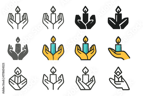 Family Unity Logo. Set Logo of Supporting each other in family crises: Candle held by multiple hands. Logo set in vector style, emblematic variations. line,