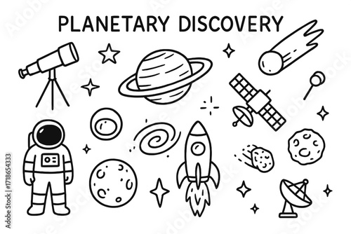 Space Exploration Doodle. Planetary Discovery. Hand-drawn doodle illustration planetary discovery telescope, planet, star, orbit, comet, satellite, space