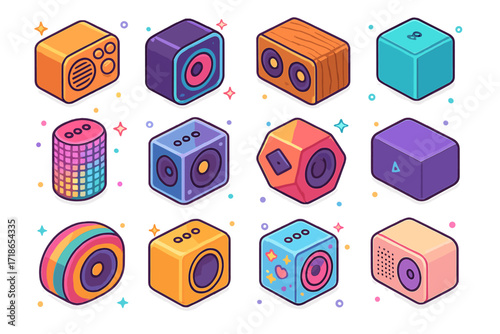 Stylish Bluetooth Speaker Icons. Colorful isometric vector icons set of smart warehouse technology: automated shelf robot, RFID