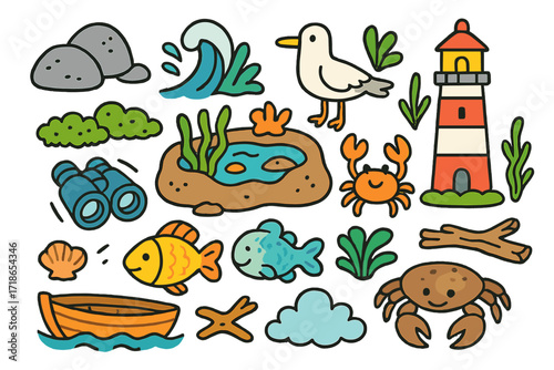 Coastal Doodle Delight. Colorful Hand-drawn doodle Children illustration Rocky shore stone, wave splash, seagull, tide pool, crab, seaweed, smiling fish, moss,