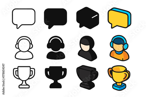 Colorful Gaming Icon Set. Icon Set of Multiplayer gaming: chat bubble, avatar, trophy. Icons set in vector style, emblematic variations. Chat bubble line, chat