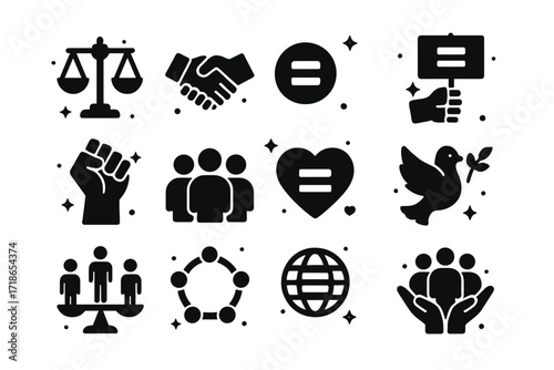 Social Equality Icons. Social Equality. Solid icons set of justice scale, handshake, equality symbol, protest sign, raised fist, diverse group, heart with
