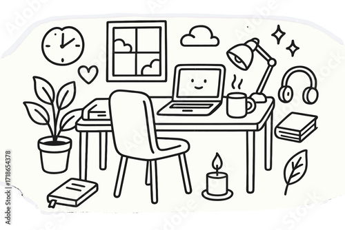 Workspace Sanctuary Doodles. Hand-drawn doodle illustration Workspace as sanctuary [desk, chair, laptop, notebook, coffee mug, lamp, plant pot, candle, book,