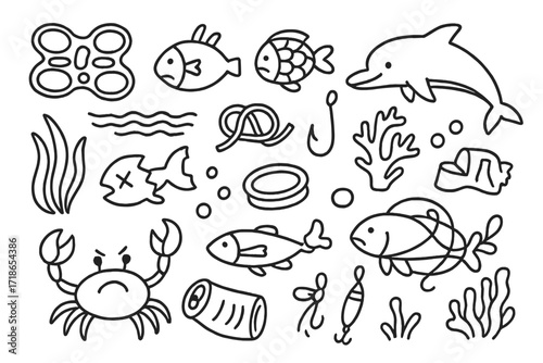 Marine Life in Danger. Hand-drawn doodle illustration marine life in danger plastic ring, fish, sea turtle, dolphin, tangled rope, hook, coral, seaweed,