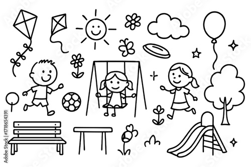 Playful Park Doodles. Hand-drawn doodle illustration Kids’ park adventure [child figures, soccer ball, kite, frisbee, butterfly,