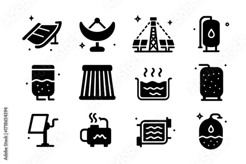 Solar Thermal Icons Grid. Solar thermal storage. Solid icons set of solar thermal storage: solar trough, parabolic mirror, solar tower receiver, thermal tank,