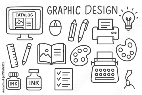Graphic Design Doodle Icons. Graphic Design. Hand-drawn doodle illustration catalog mockup, computer screen, mouse, ruler, pencil, sketchbook, palette,
