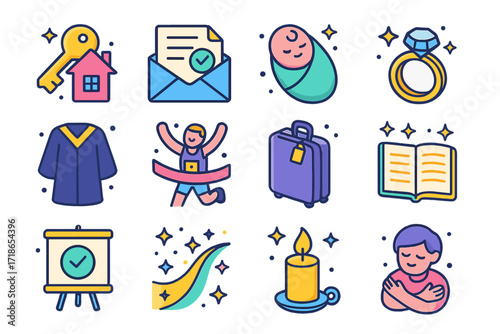 Milestone Icons Set. Colorful isometric vector icons set of Glorious personal milestones: first home key, dream job offer letter,