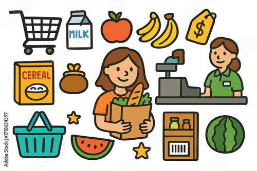 Colorful Grocery Adventure. Colorful Hand-drawn doodle Children illustration Grocery store shopping cart, milk carton, apple,