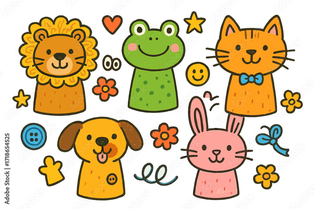 Naklejka premium Colorful Animal Puppets. Animal puppets. Colorful Hand-drawn doodle Children illustration lion puppet, frog puppet, cat puppet, dog puppet, rabbit puppet,