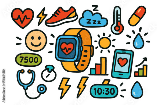 Kids' Health Tech Icons. Colorful Hand-drawn doodle Children illustration Wearable health tech smart watch, heartbeat icon, running shoe, sleep