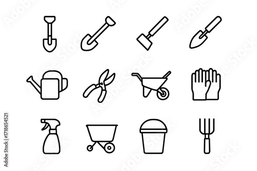 Line Garden Tools Icons. Garden tools. Line icon set of garden tools: shovel, rake, hoe, trowel, watering can, pruning shears, wheelbarrow, gloves, spray