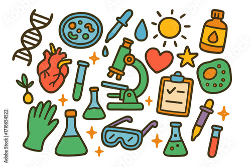 Colorful Biology Doodles. Colorful Hand-drawn doodle Children illustration biology and reagents DNA strand, petri dish, dropper,
