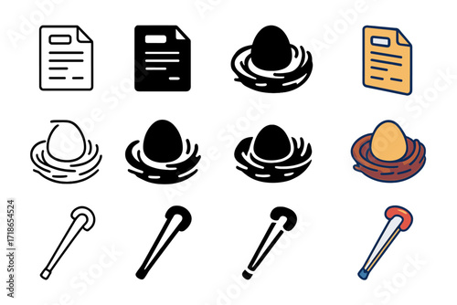 Retirement Planning Icons. Icon Set of Retirement Planning: Pension fund document, Nest egg, Walking cane. Icons set in vector style, emblematic variations.