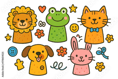 Colorful Animal Puppets. Animal puppets. Colorful Hand-drawn doodle Children illustration lion puppet, frog puppet, cat puppet, dog puppet, rabbit puppet,
