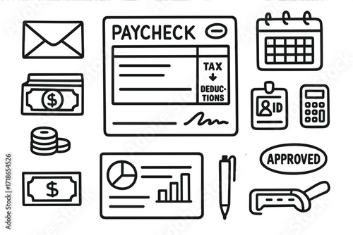 Payroll Doodle Icons. Hand-drawn doodle illustration paycheck and earnings payslip, paper envelope, money stack, calendar, signature line, employee ID, company