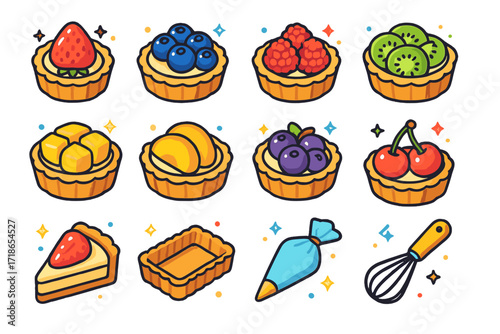 Colorful Fruit Tart Icons. Fruit tart. Colorful isometric vector icons set of fruit tart: strawberry tart, blueberry tart, raspberry tart, kiwi tart, mango