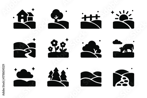 Countryside Hill Icons. Countryside Hills. Solid icons set of countryside hills: farmhouse, tree on hill, fence, sun over slope, winding road, meadow flowers,