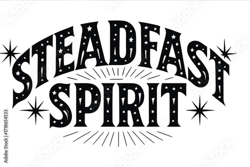 Celestial Lettering Design. Steadfast Spirit ? Decorative Display Lettering, arched letters filled with stars, rays, and subtle shield motifs, framed with