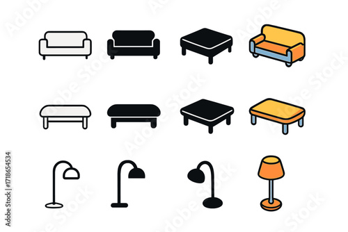 Minimalist Living Room Icons. Icon Set of Minimalist Living Room: Low sofa, Coffee table, Floor lamp. Icons set in vector style, emblematic variations. Low