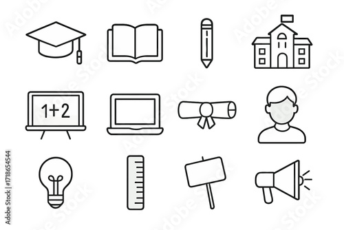 Education Rights Icons. Education rights. Line icon set of education rights: graduation cap, open book, pencil, school building, chalkboard, laptop, diploma,