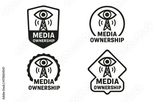 Eye on Broadcast. Set Logo of Media ownership: eye over broadcast tower. Logo set in vector style, emblematic variations.