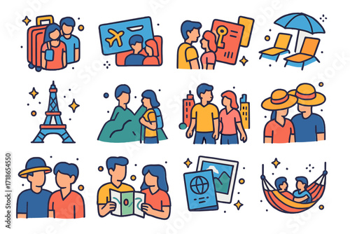 Couple's Travel Adventure Icons. Colorful isometric vector icons set of couple travel moments: shared suitcase, boarding pass, hotel keycard, beach chairs,