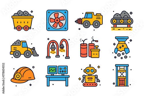 Colorful Mining Icons. Underground Mining. Colorful isometric vector icons set of Underground Mining: ore cart, ventilation fan, drilling machine, conveyor