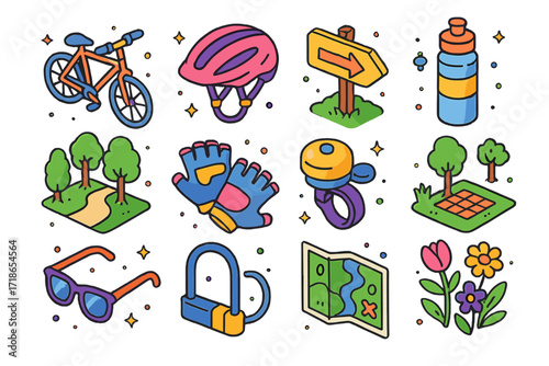 Cycling Essentials Icons. Colorful isometric vector icons set of cycling in the park: city bike, bike helmet, park trail sign,