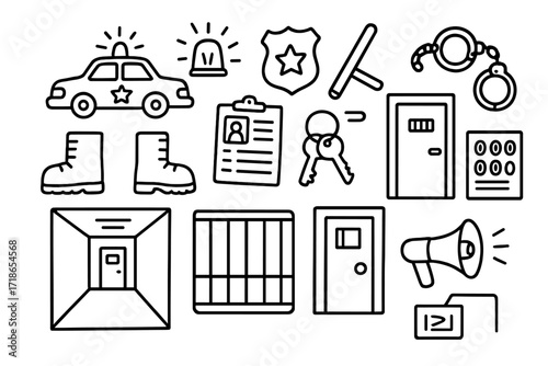 Police Station Doodles. Hand-drawn doodle illustration arrest and booking police car, flashing light, badge, baton, handcuffs, boots, clipboard, ID form,