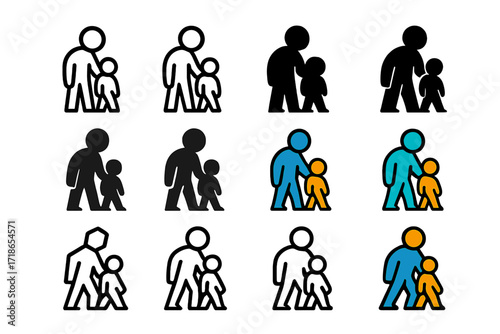 Parents' Joy Logos. Set Logo of Parents? Joy: Parent guiding child. Logo set in vector style, emblematic variations. line, bold thick line, solid black filled,