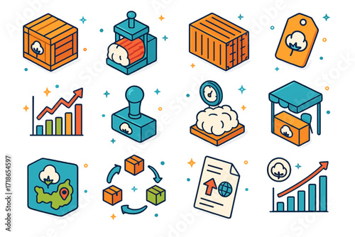 Global Cotton Icons. Colorful isometric vector icons set of global cotton industry: cotton export crate, bale press machine,