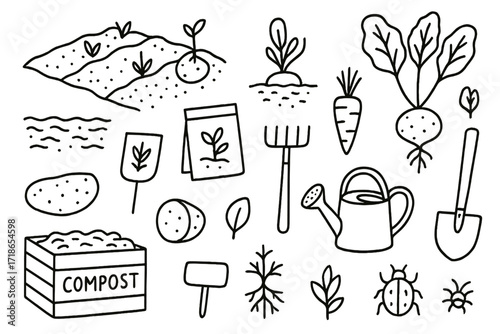 Tuber Garden Doodle. Hand-drawn doodle illustration tuber garden bed garden rows, potato sprout, beet leaves, soil texture, carrot top, seed packet, rake,
