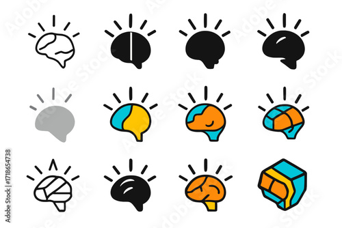 Cognitive Therapy Logos. Set Logo of Cognitive Therapy: Open brain with rays. Logo set in vector style, emblematic variations. line, bold thick line, solid