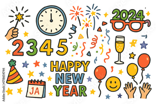 Festive New Year Celebration. Colorful Hand-drawn doodle Children illustration New Year Sparkler clock, 12 o’clock, sparkler,