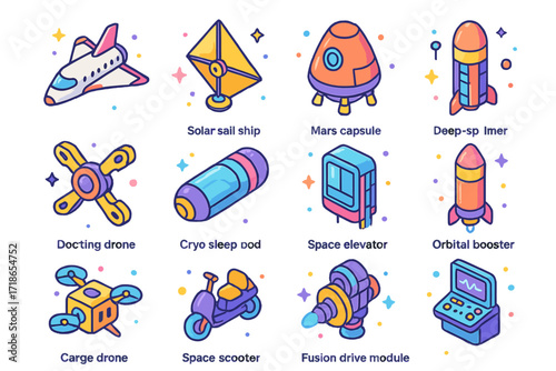 Isometric Space Fleet Icons. Colorful isometric vector icons set of interplanetary transport fleet: suborbital shuttle, solar sail