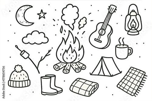 Bonfire Night Doodles. Hand-drawn doodle illustration Bonfire night [bonfire flames, logs, sparks, smoke, moon, star, cloud,