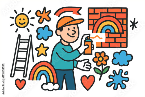 Colorful Street Mural. Colorful Hand-drawn doodle Children illustration Street mural project spray paint, brick wall, stencil, rainbow, smiling artist, cap,
